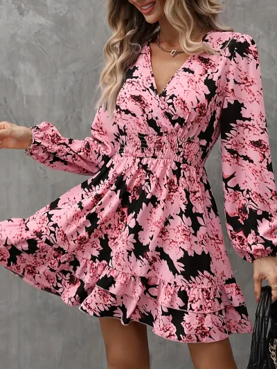 Women Elegant Casual Floral Print V-Neck Long Sleeve Ruffled Dress