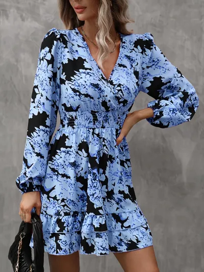 Women Elegant Casual Floral Print V-Neck Long Sleeve Ruffled Dress