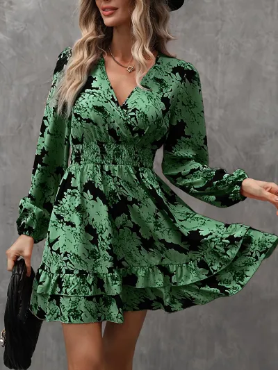 Women Elegant Casual Floral Print V-Neck Long Sleeve Ruffled Dress