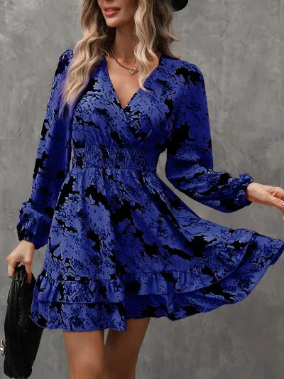 Women Elegant Casual Floral Print V-Neck Long Sleeve Ruffled Dress