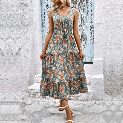 Women Fashion Casual Flower Printed V-Neck Sleeveless Loose Dress