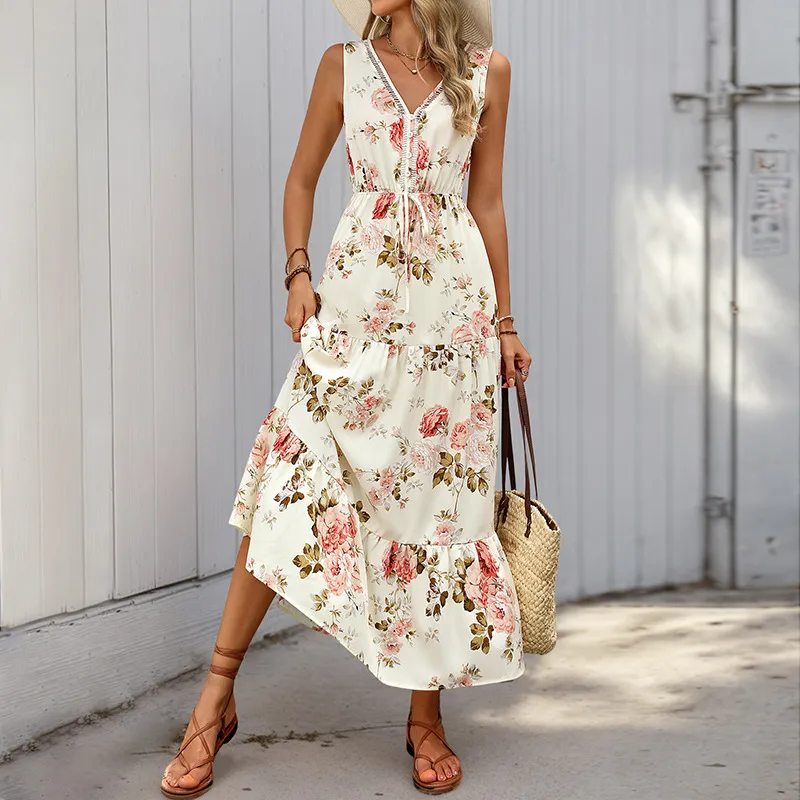 Women Fashion Casual Flower Printed V-Neck Sleeveless Loose Dress