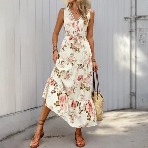 Women Fashion Casual Flower Printed V-Neck Sleeveless Loose Dress