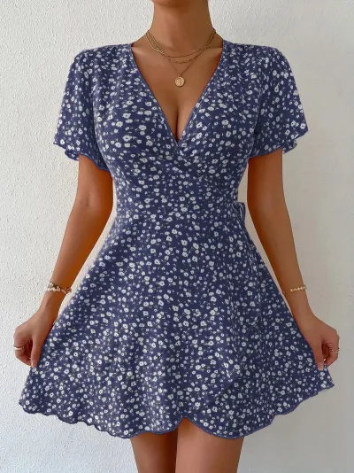 Women Casual Floral Printed V-Neck Short Sleeve Lace-Up Waist Dress