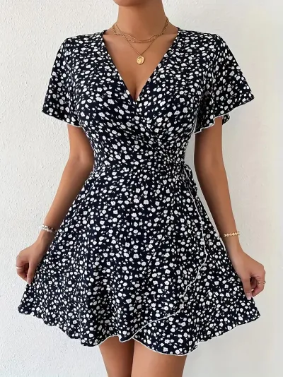 Women Casual Floral Printed V-Neck Short Sleeve Lace-Up Waist Dress