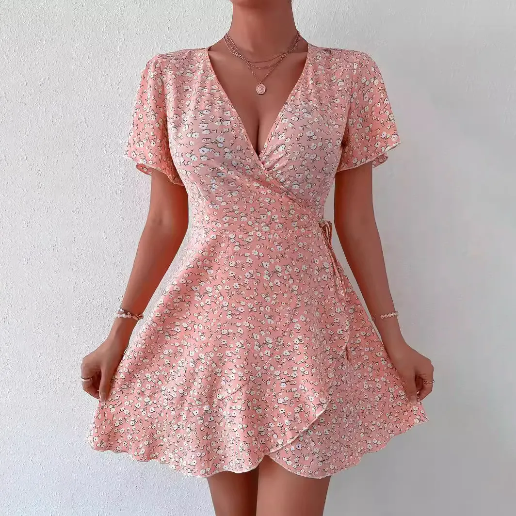 Women Casual Floral Printed V-Neck Short Sleeve Lace-Up Waist Dress