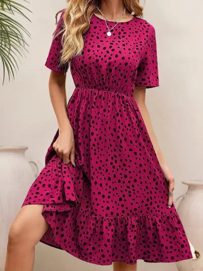 Women Casual Polka Dot Printed Round Neck Short Sleeve A-Line Dress