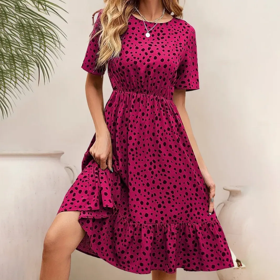 Women Casual Polka Dot Printed Round Neck Short Sleeve A-Line Dress
