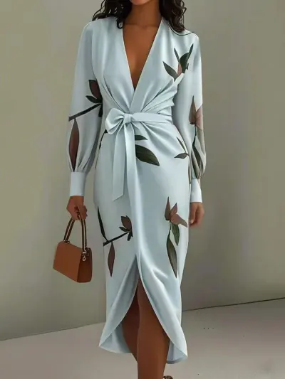 Women Fashion Casual Printed V-Neck Long Sleeve Lace-Up Dress