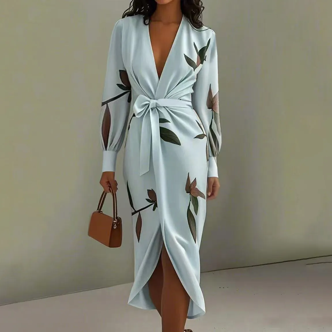 Women Fashion Casual Printed V-Neck Long Sleeve Lace-Up Dress