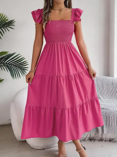 Women Fashion Casual Solid Color Pleated Sleeveless Layered Maxi Dress
