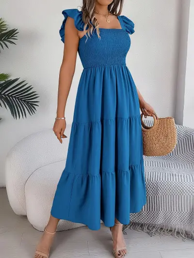 Women Fashion Casual Solid Color Pleated Sleeveless Layered Maxi Dress