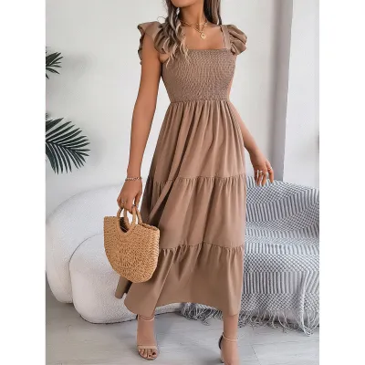 Women Fashion Casual Solid Color Pleated Sleeveless Layered Maxi Dress