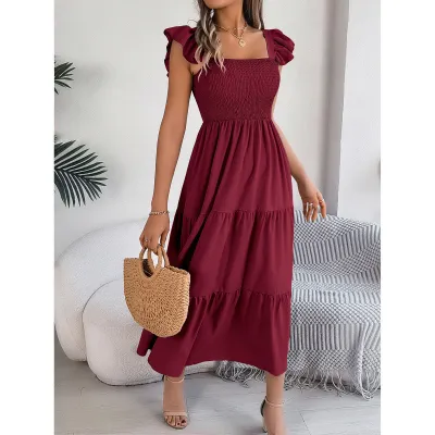 Women Fashion Casual Solid Color Pleated Sleeveless Layered Maxi Dress