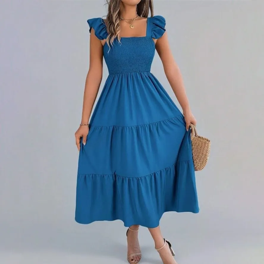 Women Fashion Casual Solid Color Pleated Sleeveless Layered Maxi Dress