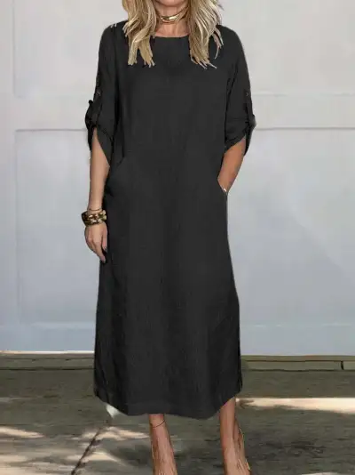 Women Casual Elegant Linen Solid Color Round Neck Short-Sleeve Double Side Pocket Dress
