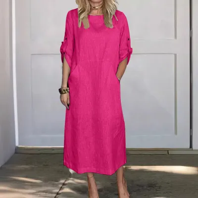Women Casual Elegant Linen Solid Color Round Neck Short-Sleeve Double Side Pocket Dress