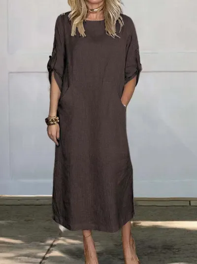 Women Casual Elegant Linen Solid Color Round Neck Short-Sleeve Double Side Pocket Dress