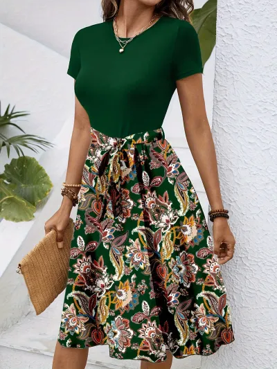 Women Casual Elegant Flower Printed Stitching Short-Sleeve Dress