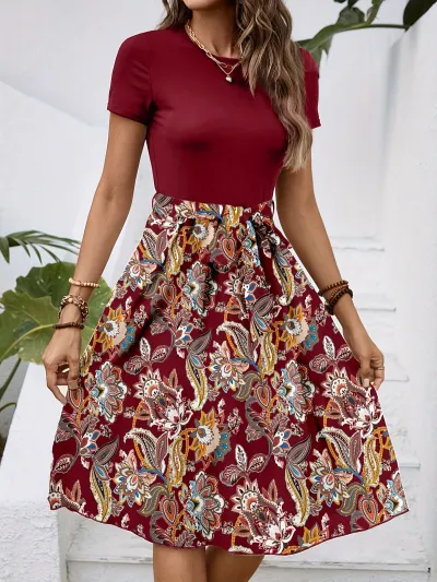 Women Casual Elegant Flower Printed Stitching Short-Sleeve Dress
