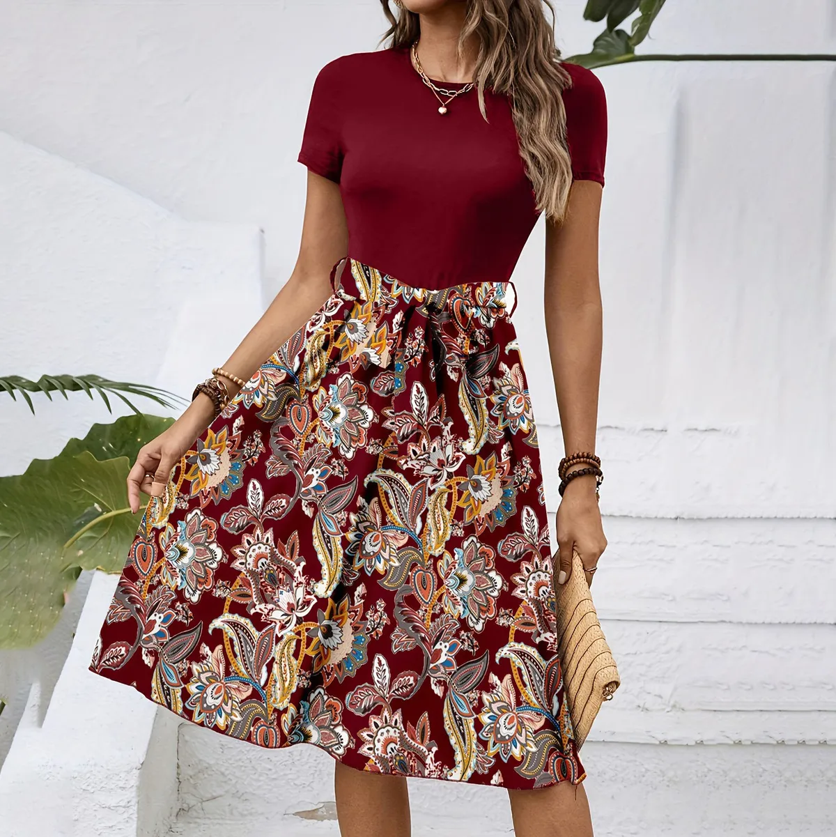 Women Casual Elegant Flower Printed Stitching Short-Sleeve Dress