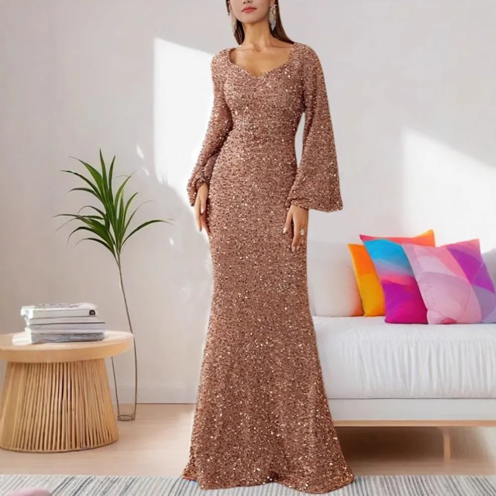 Women Elegant Sequin V-Neck Trumpet Sleeve Party Dress