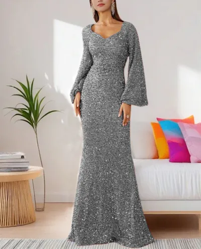Women Elegant Sequin V-Neck Trumpet Sleeve Party Dress