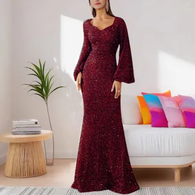 Women Elegant Sequin V-Neck Trumpet Sleeve Party Dress