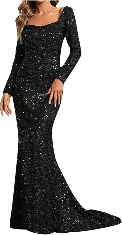 Women Elegant Sequin V-Neck Trumpet Sleeve Party Dress