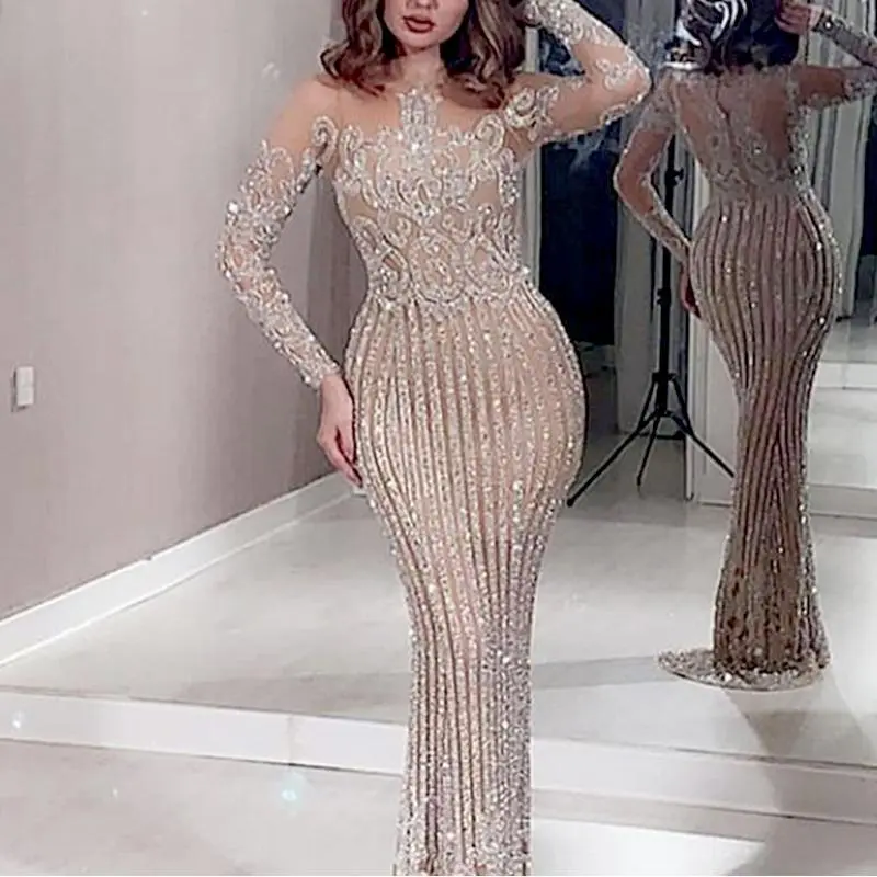Women Fashion Sexy Elegant Sequin Long-Sleeve Slim-Fit Party Dress
