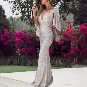 Women Elegant Sequins Fishtail Party Dress with V-Neck and Irregular Sleeves