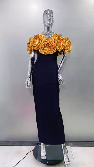 Women Elegant Off-Shoulder Split Party Dress with Large Flower Decoration