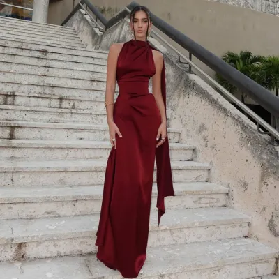 Women Elegant Solid Color Satin Halter-Neck Backless Party Dress