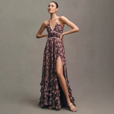 Women Elegant Sexy Halter-Neck Backless Flower Printed Slim-Fit Party Dress