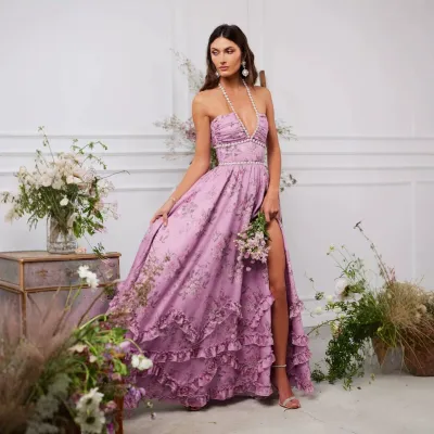 Women Elegant Sexy Halter-Neck Backless Flower Printed Slim-Fit Party Dress
