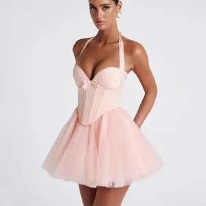 Women Sexy Solid Color Lace Stitching Fish Bone Halter-Neck Lace-Up Party Dress