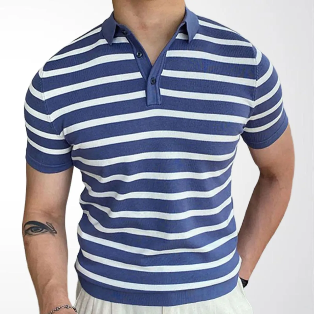 Men's Fashion Casual Blue Stripe Lapel Short-Sleeve Polo Shirt