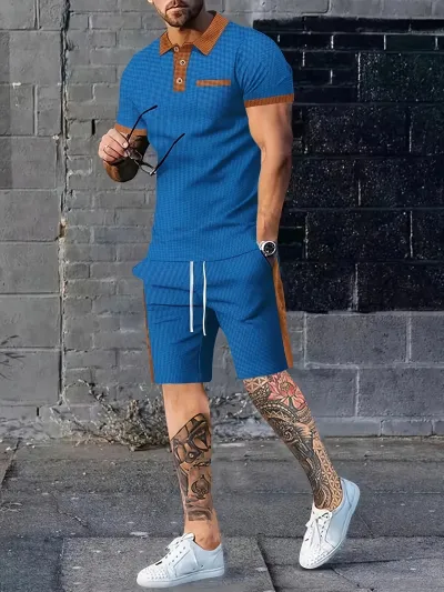 Men's Waffle Color Block Short Sleeve T-Shirt and Shorts Two-Piece Set Loose