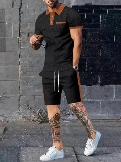 Men's Waffle Color Block Short Sleeve T-Shirt and Shorts Two-Piece Set Loose