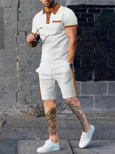 Men's Waffle Color Block Short Sleeve T-Shirt and Shorts Two-Piece Set Loose