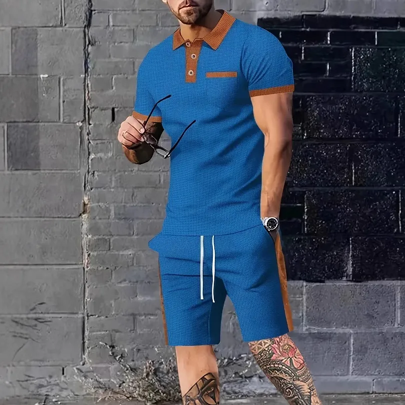 Men's Waffle Color Block Short Sleeve T-Shirt and Shorts Two-Piece Set Loose