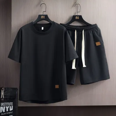 Men Casual Solid Color Short Sleeve T Shirt and Shorts Two Piece Set