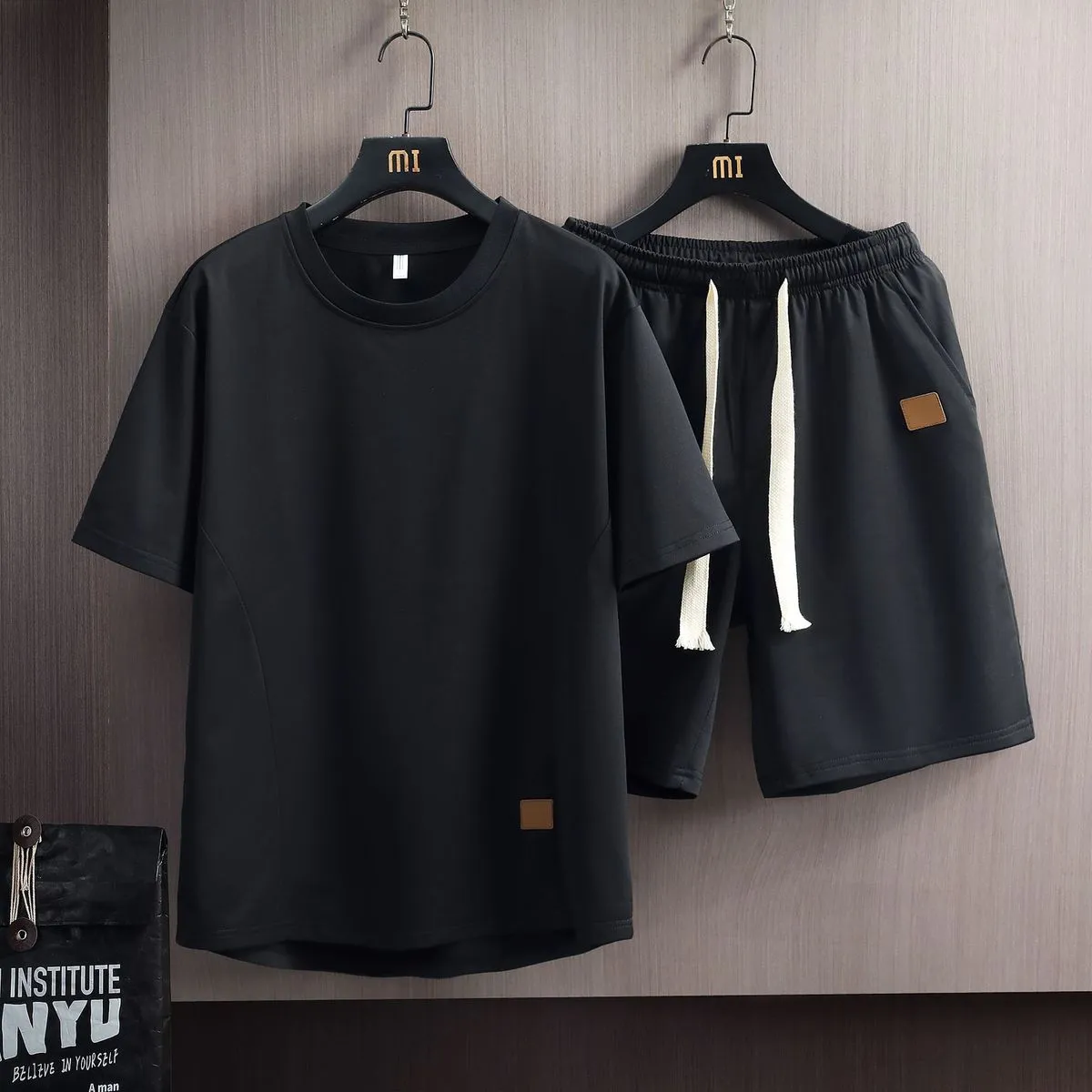 Men Casual Solid Color Short Sleeve T Shirt and Shorts Two Piece Set