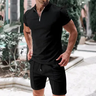 Men's Casual Solid Color Lapel Short-Sleeve Two-Piece Set with Shorts