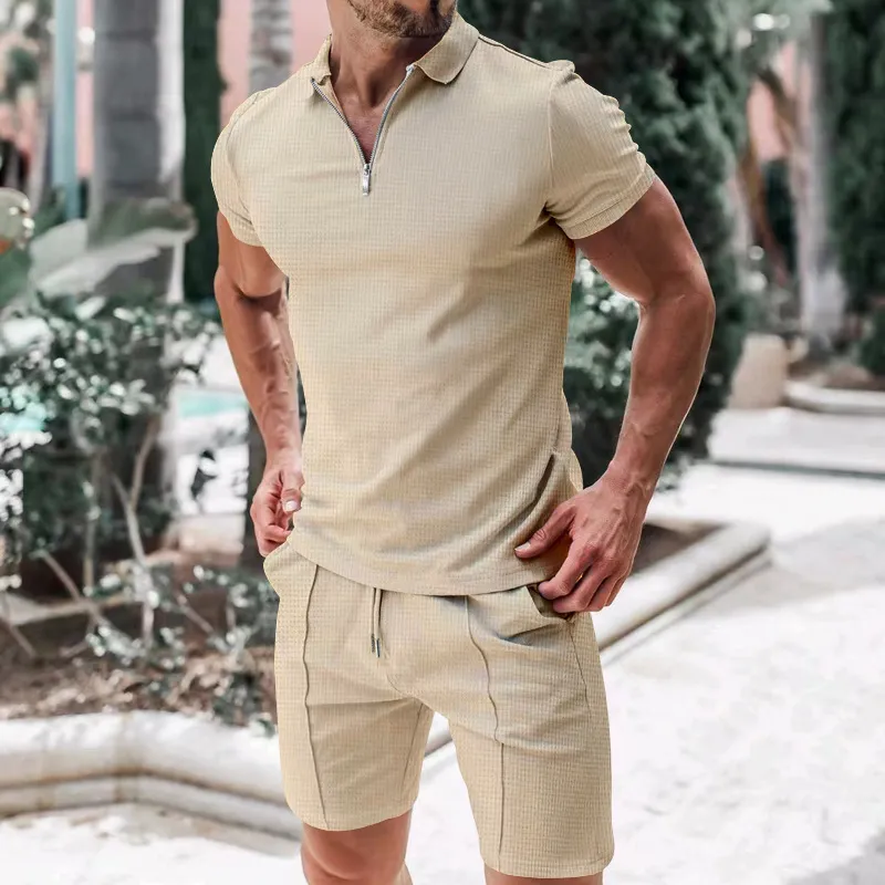 Men's Casual Solid Color Lapel Short-Sleeve Two-Piece Set with Shorts