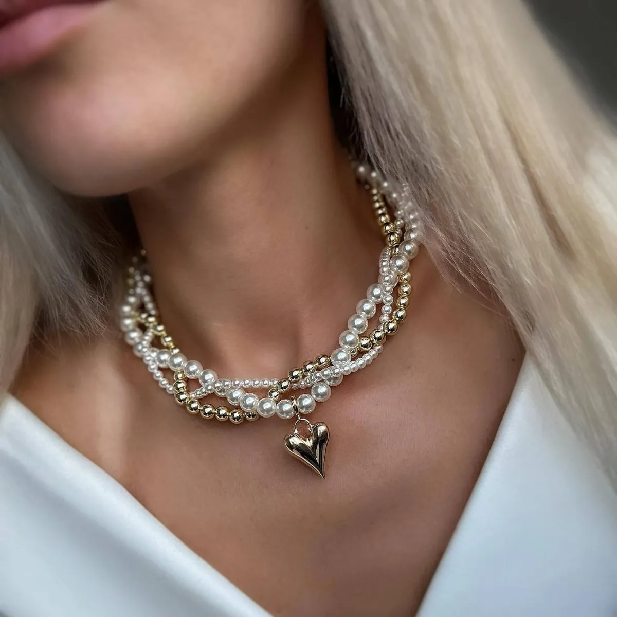 Women Fashion Twist Woven Imitation Pearl Love Pendant Necklace Ball Chain