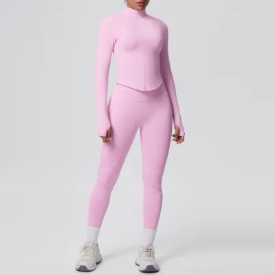 Women Casual Solid Color Seamless Zipper Long-Sleeve Top Tight High Waist Leg-Bundled Pants Sports Yoga Two-Piece Set
