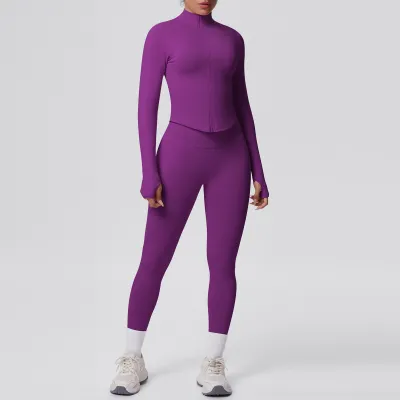 Women Casual Solid Color Seamless Zipper Long-Sleeve Top Tight High Waist Leg-Bundled Pants Sports Yoga Two-Piece Set
