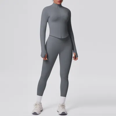 Women Casual Solid Color Seamless Zipper Long-Sleeve Top Tight High Waist Leg-Bundled Pants Sports Yoga Two-Piece Set