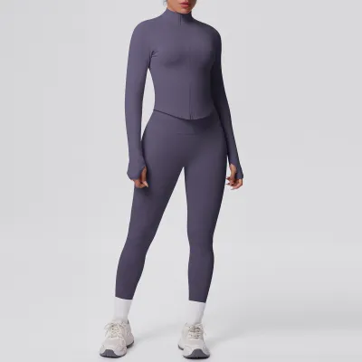Women Casual Solid Color Seamless Zipper Long-Sleeve Top Tight High Waist Leg-Bundled Pants Sports Yoga Two-Piece Set